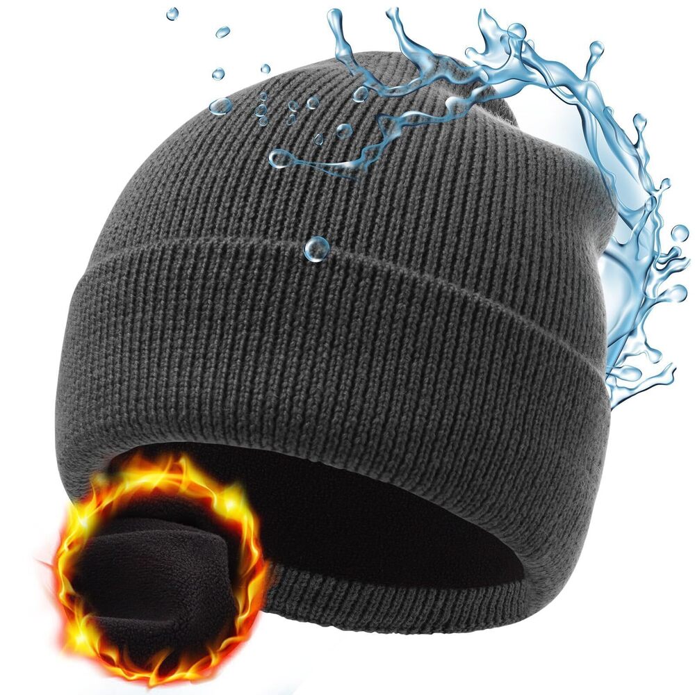 7511 Unisex Merino Wool Waterproof Cold Weather Roll Cuff Beanie Dark Grey